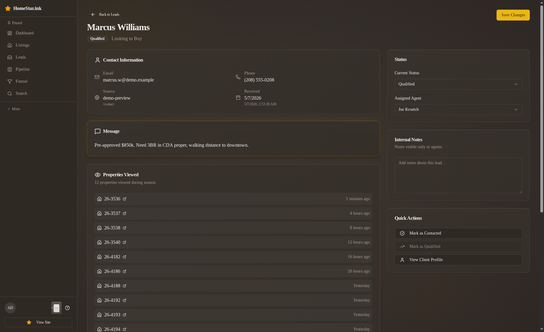 Marcus Williams detail page showing the Lifecycle timeline with the Motivation confirmed event transitioning from Contacting to Qualified. The event payload — {timeline: '60-90 days', budget_range: '750k-850k', pre_approved: true} — appears as a JSON snippet below the timeline row.